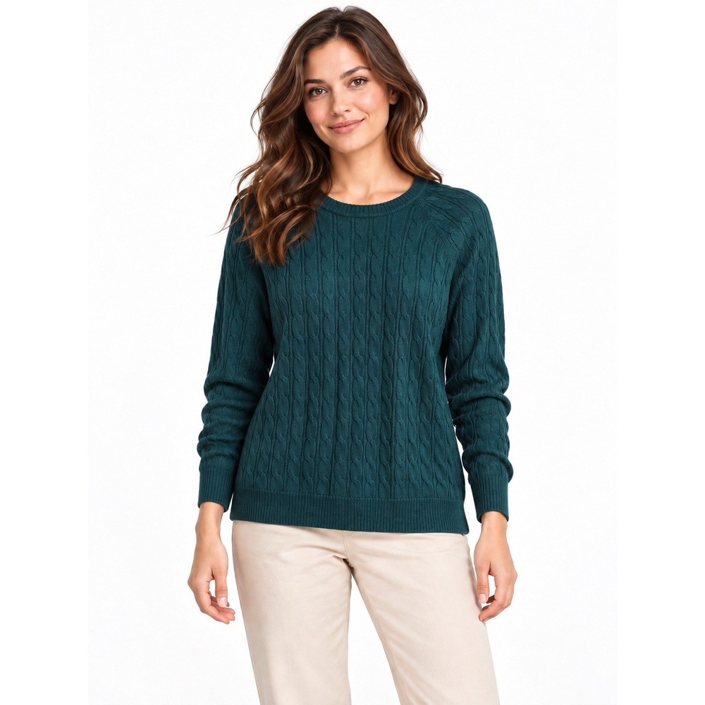 Croft & Barrow Women Sweater M Teal Green Cable Knit Crewneck Pullover Preppy